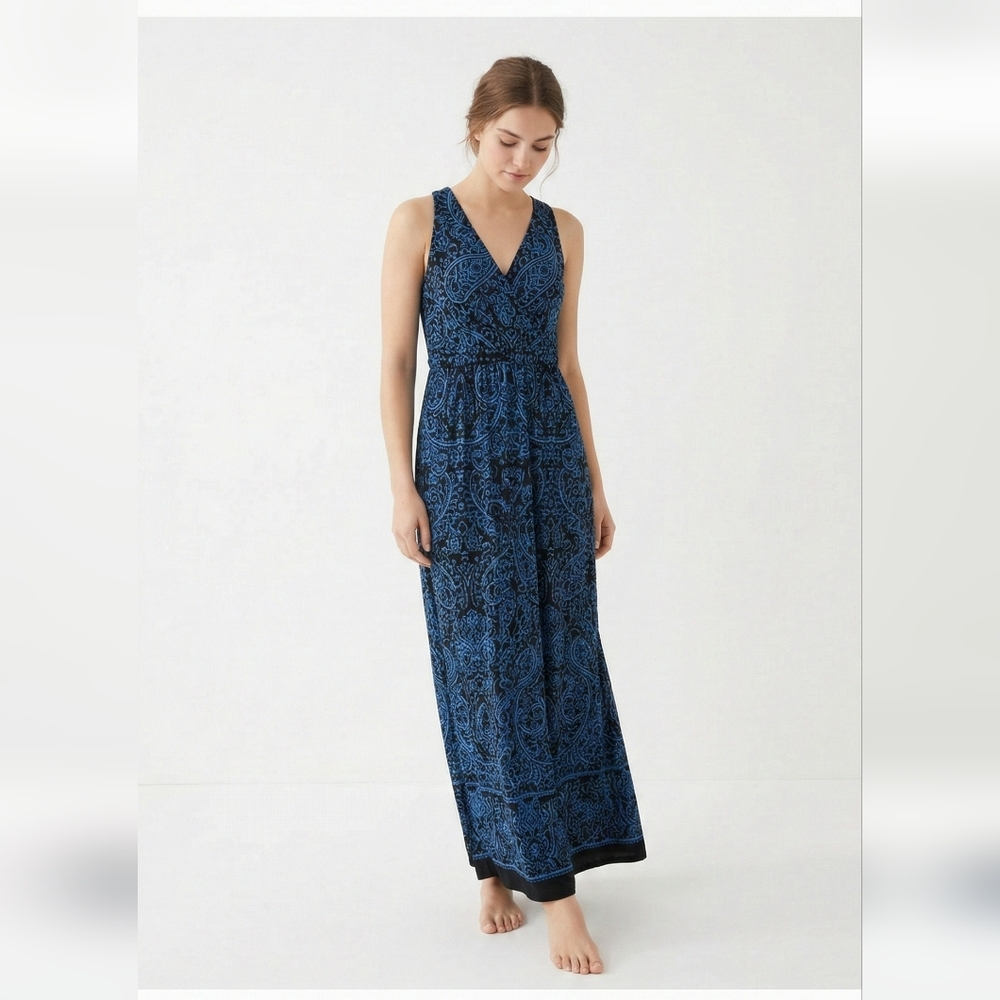 Chaps Dress Maxi Sleeveless Blue Black Paisley Grunge Boho Festival M